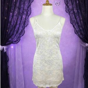 1980s Lady Cameo White Sheer Lace Mini Slip Dress